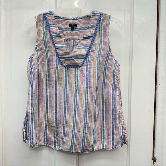 Talbots linen sleeveless v neck lightweight rainbow stripe shirt women's small - Picture 1 of 5